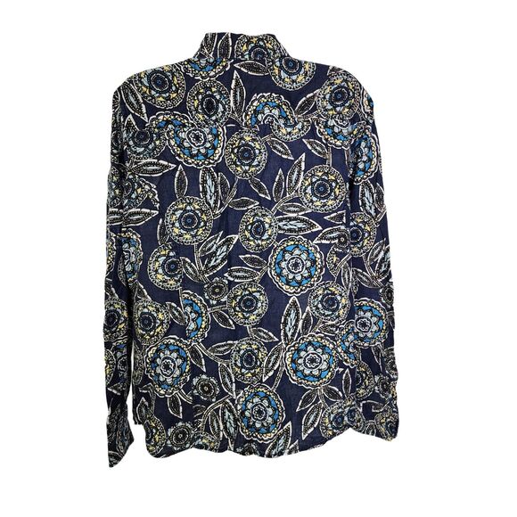 Charter Club Women Top Sz 16 Blue Floral 100% Linen Long Roll Tab Button Pocket - Picture 3 of 12